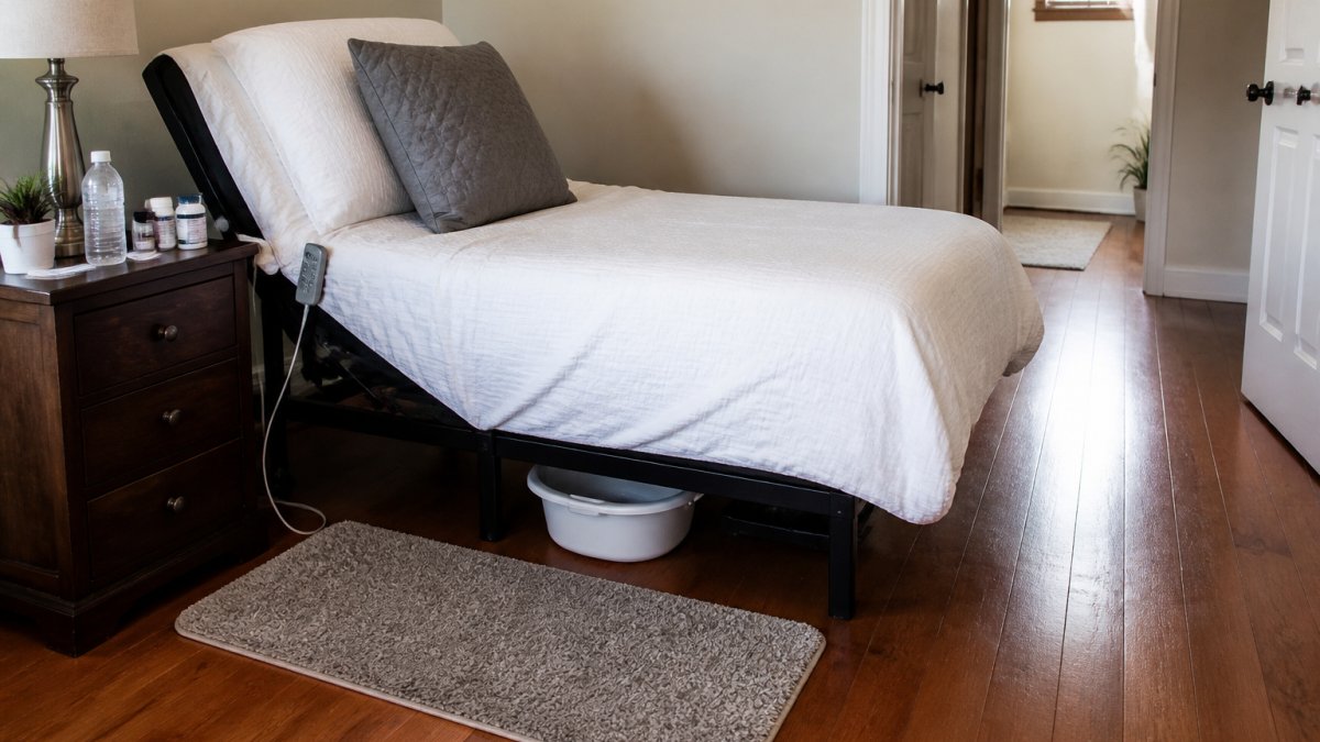 A neatly prepared bedroom recovery area on the main floor with an adjustable bed, a side table holding water and medications, a phone charger within reach, and a clear walking path to the door
